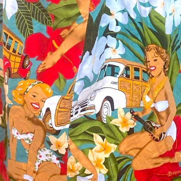 Grace Karin Wm’s Sz 3XL Coral Tan Aqua Retro Pinup Hawaiian Print A-Line Skirt - Picture 3 of 6